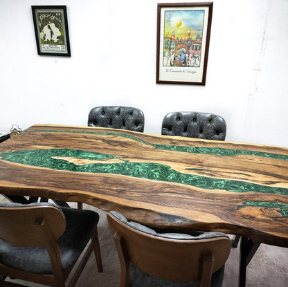 Walnut Epoxy Dining Table Live Edge Wood with Clear or Tinted River | Modern Handmade Statement Table