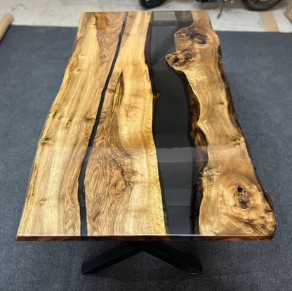 Walnut Epoxy Dining Table Live Edge Wood with Clear or Tinted River | Modern Handmade Statement Table