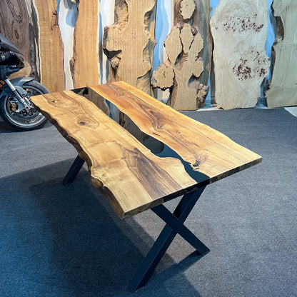 Walnut Epoxy Dining Table Live Edge Wood with Clear or Tinted River | Modern Handmade Statement Table