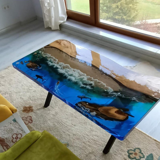 Ocean Wave Resin Coffee Table Handcrafted Epoxy Beach Table with Realistic Surf Effect Coastal Decor for Living Room