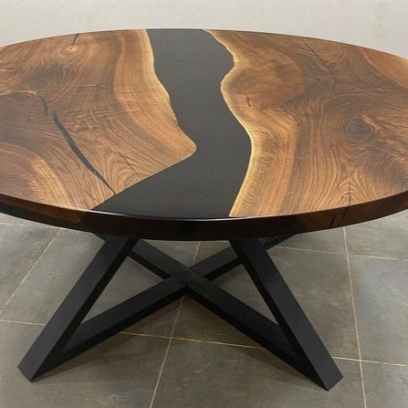 Round Black Epoxy Resin Table Walnut Wood Centerpiece Modern Minimalist Dining or Coffee Table