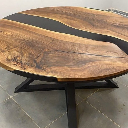 Round Black Epoxy Resin Table Walnut Wood Centerpiece Modern Minimalist Dining or Coffee Table