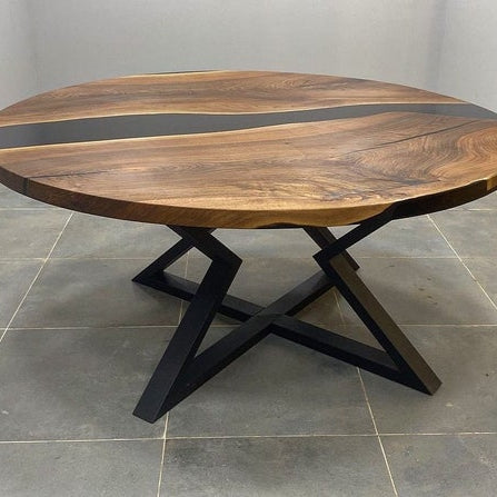 Round Black Epoxy Resin Table Walnut Wood Centerpiece Modern Minimalist Dining or Coffee Table