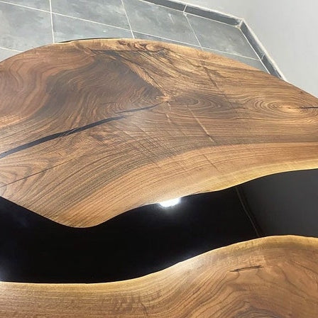 Round Black Epoxy Resin Table Walnut Wood Centerpiece Modern Minimalist Dining or Coffee Table