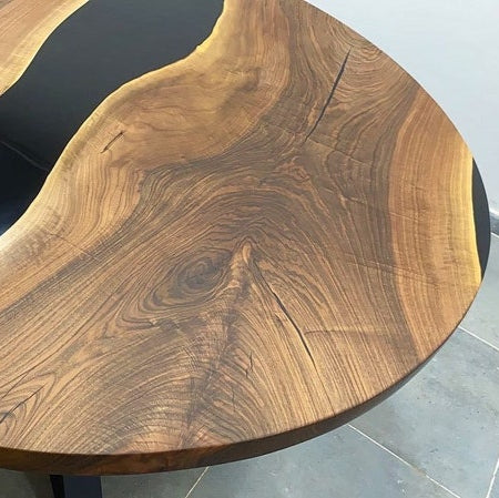 Round Black Epoxy Resin Table Walnut Wood Centerpiece Modern Minimalist Dining or Coffee Table