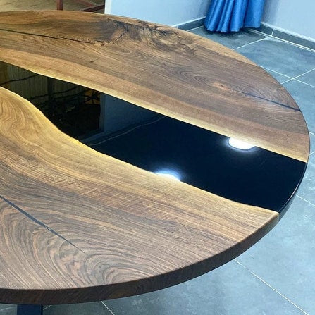 Round Black Epoxy Resin Table Walnut Wood Centerpiece Modern Minimalist Dining or Coffee Table