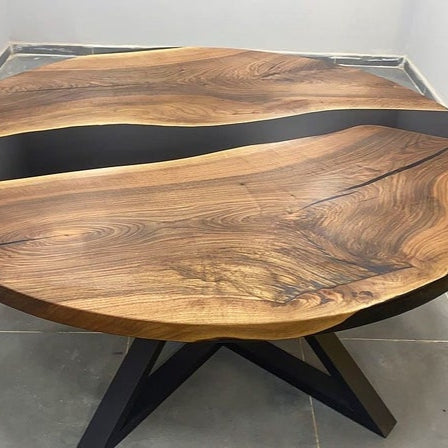 Round Black Epoxy Resin Table Walnut Wood Centerpiece Modern Minimalist Dining or Coffee Table