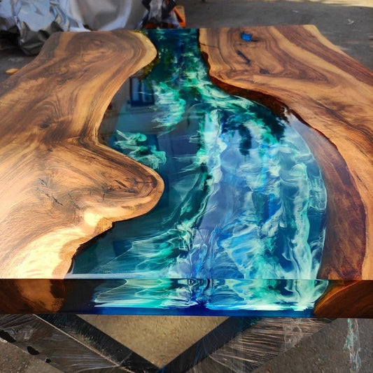 Ocean Wave Epoxy Table Dark Walnut & Emerald Resin Handcrafted Live Edge Statement Table
