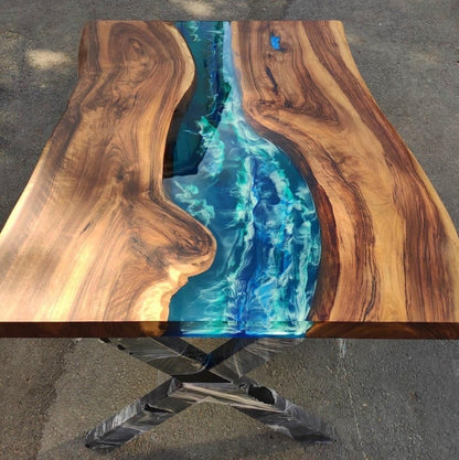 Ocean Wave Epoxy Table Dark Walnut & Emerald Resin Handcrafted Live Edge Statement Table