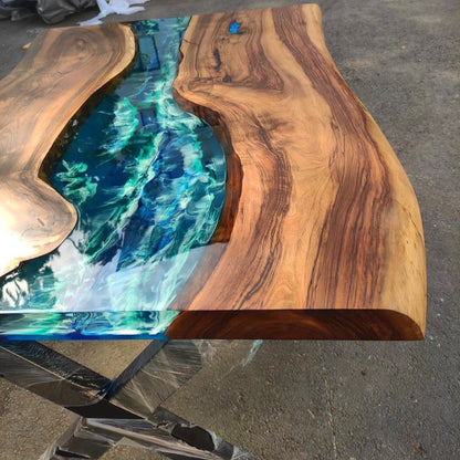 Ocean Wave Epoxy Table Dark Walnut & Emerald Resin Handcrafted Live Edge Statement Table