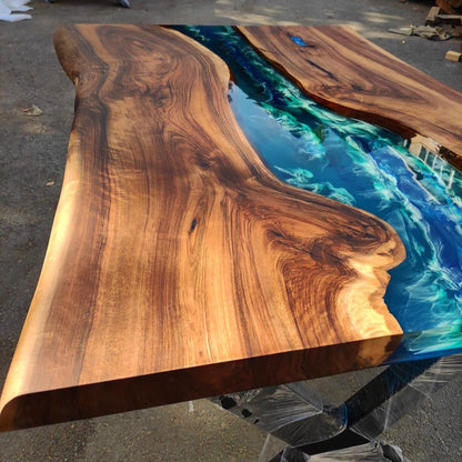 Ocean Wave Epoxy Table Dark Walnut & Emerald Resin Handcrafted Live Edge Statement Table