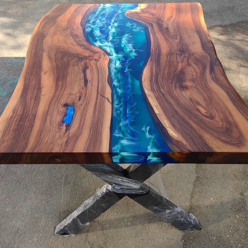 Ocean Wave Epoxy Table Dark Walnut & Emerald Resin Handcrafted Live Edge Statement Table