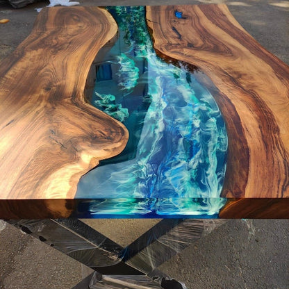 Ocean Wave Epoxy Table Dark Walnut & Emerald Resin Handcrafted Live Edge Statement Table