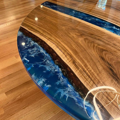 Round Epoxy River Table Burl Maple Wood & Custom Resin Unique Modern Accent or Dining Table